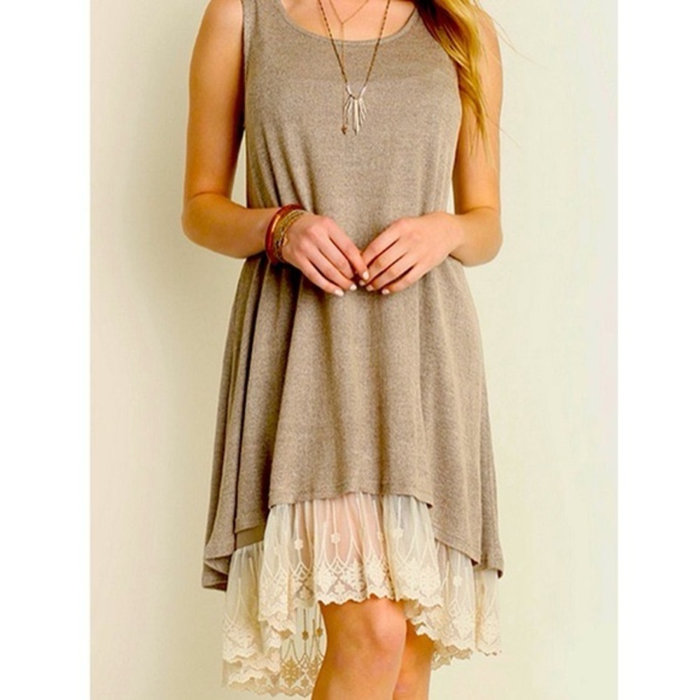 🩷Umgee Taupe High Low Dress with Lace Hem size S